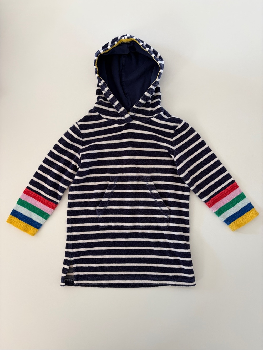 Mini Boden Navy and White Striped Hooded Tunic with Rainbow Cuffs